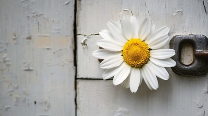Obraz premium Daisy on Rustic White Door - Minimalist Floral Photography