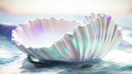 A beautiful iridescent shell resting in calm water, capturing the serene essence of nature's artistry.