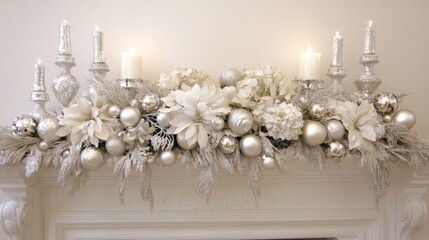 Silver and White Christmas Mantel Decor with Candles
