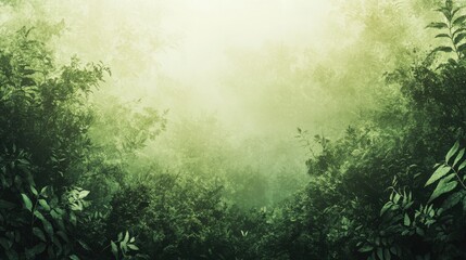 Lush green foliage enveloped in mist, creating a serene, tranquil atmosphere in a forest setting.