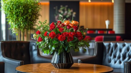 Red Roses in a Vase in a Modern Lobby