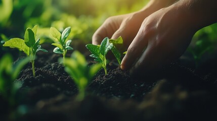 Fototapeta premium Hands gently nurture vibrant seedlings, pushing soil around them. This moment captures the care and dedication of gardening, fostering life in a warm, nurturing environment.