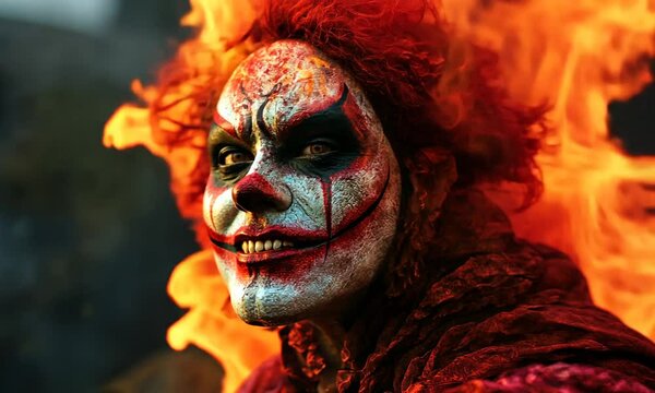 A fiery, sinister clown with a malevolent grin