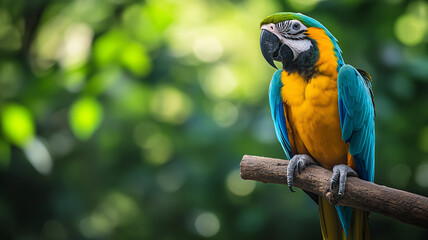 A colorful parrot perched on a branch in a lush green setting