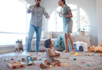 Frustrated couple, baby and fight with argument for chaos, childhood trauma or conflict in living...