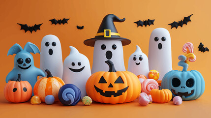 Halloween background creative design. Abstract horizontal banner Halloween day. Realistic 3d cartoon style. Festive themed header for website. Holiday poster in purple colors. Vector illustration.