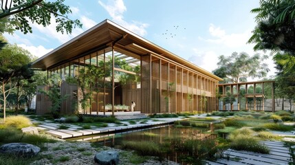 Obraz premium A modern greenhouse with industrial steel frames and glass panels, housing several trees inside. The design blends nature and industrial elements, creating a unique, harmonious space.