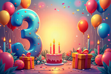3rd birthday card. Colorful and festive birthday celebration scene, featuring a large number three prominently displayed near the cake with lit candles, surrounded by balloons and gifts.