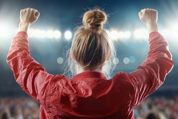 Fan in Red Jacket Cheering at Stadium Under Bright Lights, Celebrating Team Victory