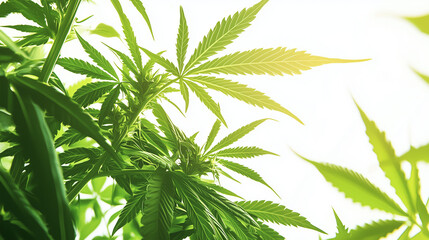 Obraz premium Close-up of lush green cannabis leaves basking in sunlight, showcasing natural growth and vibrant foliage