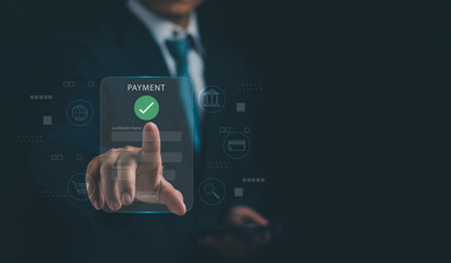 Concept of digital banking, online payment, e-wallet, online shopping, businessman using finger to touch virtual screen to show payment or transaction with internet technology, digital marketing