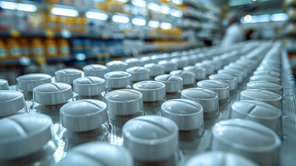 Obraz premium Interior of a tablet manufacturing plant with rows of white tablets on a conveyor belt, industrial setting with colorful shelves in the background.