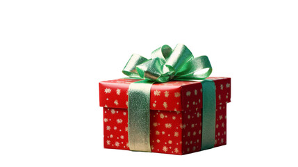Red gift box green ribbon. PNG transparent background.