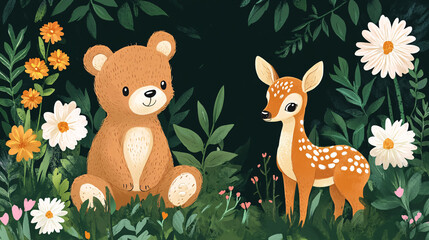 Naklejka premium A cute hand-drawn illustration of a teddy bear and a baby deer fawn in a jungle garden with flowers and leaves
