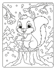 Little squirrel in the winter forest. Coloring book for children. Vector image.