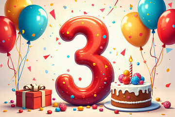 3rd birthday card. Large, red number three with confetti and balloons around it, celebrating a birthday or milestone, with a cake and presents in the background.