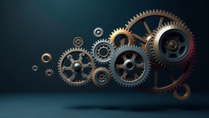 A collection of gears and wheels are scattered across a blue background