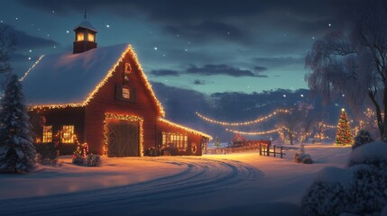 Fototapeta premium A Festive Red Barn Decorated for Christmas at Night