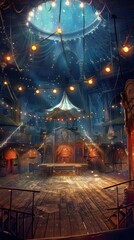 Obraz premium Indoor circus stage: wooden platform, throne chair, red velvet curtains, ornate pillars. Dome ceiling, yellow lights, dreamlike setting. Abandoned ambiance.