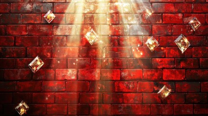 Elegant sparkling crystals against a vibrant red brick wall, illuminated by soft beams of light.
