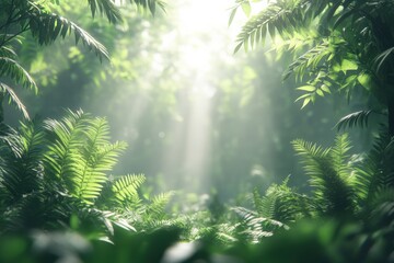 Fototapeta premium Lush Green Jungle with Diffused Light Through Foliage