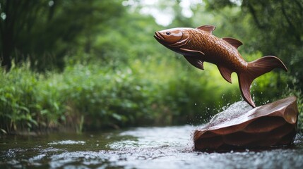 Obraz premium Wooden Fish Sculpture in a River
