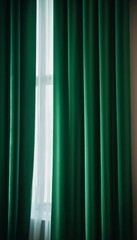 Curtain with soft smooth flowing folds. Deep green color and luxurious texture create a dramatic and elegant atmosphere. Decoration and interior design. Expensive curtain made of rich fabric. AI.