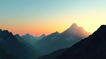 Breathtaking mountain landscape at sunrise, featuring peaks illuminated in soft hues of orange and pink.