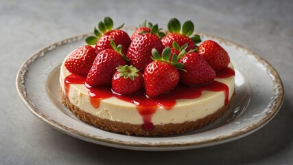 A delicious cheesecake topped with fresh strawberries and strawberry sauce.