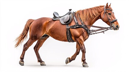 Obraz premium Elegant Horse in Leather Harness: Studio Portrait on White Background