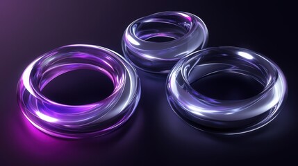 Three ethereal, luminous, and intertwined ring shapes in purple and clear glass against a dark background.