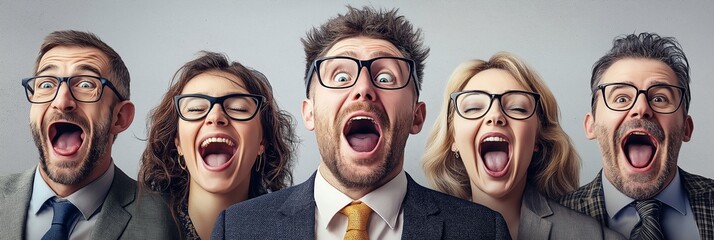 A group of five excited individuals in suits and glasses express joy with wide open mouths, depicting shared happiness.