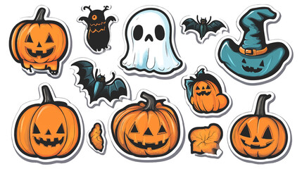 Happy Halloween day background element vector. Cute sticker set of creepy ghost, pumpkin, bat, candy, cat, skull, spider, grave. Adorable Halloween festival elements for decoration, prints template.
