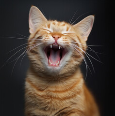 A close-up of a ginger cat expressing delight with its mouth wide open in a yawn or laugh against a black background.