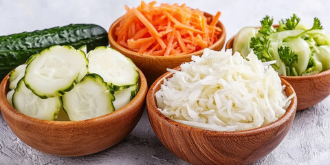 Fresh vegetables displayed in wooden bowls, including sliced cucumbers, shredded carrots, and chopped cabbage, showcasing a vibrant and healthy assortment.
