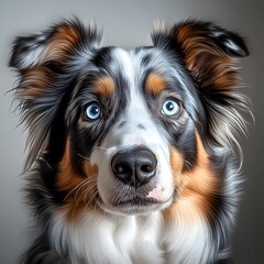 Portrait of a striking Australian shepherd with bright blue eyes, showcasing its unique coloring and fluffy fur in a calm indoor setting