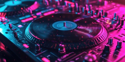 Vibrant DJ Mixer with Pink and Blue Lights