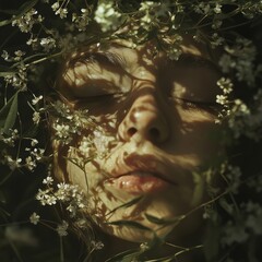A peaceful face immersed in delicate flowers and dappled sunlight, showing tranquility.