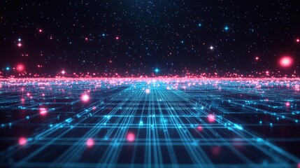 Obraz premium Vibrant digital landscape with luminous blue and pink grid lines under a starry sky, creating a futuristic atmosphere.