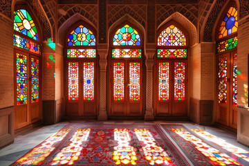 large islamic architectural style stained glass windows integrated with modern architecture