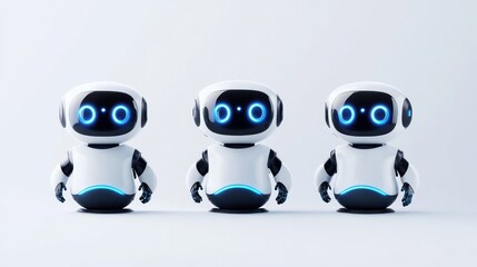Obraz premium Three charming cartoon robots are displayed on a white background symbolizing advancements in technology for home assistance and modern business solutions in a friendly manner