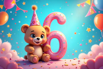 Obraz premium 6th birthday card. Cute, brown teddy bear sitting on a pink surface with the number six prominently displayed behind it. The background is filled with colorful balloons and stars.