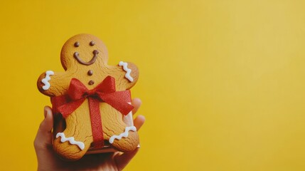 Fototapeta premium A happy gingerbread man holds a beautifully wrapped gift box with a red ribbon. The vibrant yellow background enhances the cheerful holiday spirit and adds a festive touch