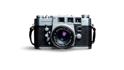 Vintage film camera with leather strap and classic design, isolated on white background