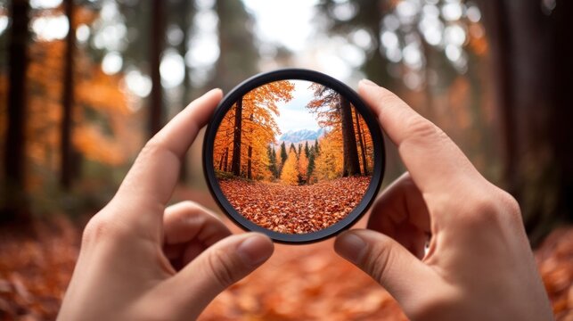 Hands gently hold a camera lens that frames a stunning display of autumn foliage showcasing the enchanting beauty of nature illuminated by soft sunlight
