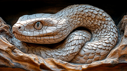 Fototapeta premium Sculpture d'un serpent sur du bois