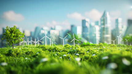 A city with windmills and a tree in the foreground