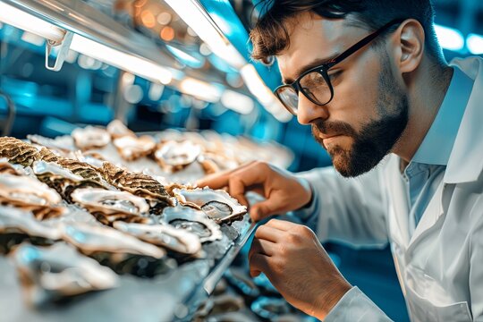 A marine biologist examines freshly harvested oysters at a coastal facility during the morning hours of a busy day. Generative AI - Powered by Adobe