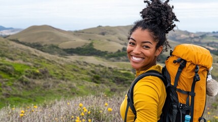 Naklejka premium A cheerful woman is rucking through a beautiful outdoor setting showcasing her yellow backpack. She looks directly at the camera radiating happiness amid the greenery and hills
