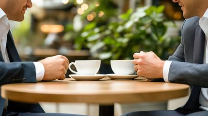 Fototapeta premium Two professionals in suits share a coffee at an outdoor café, engaged in a conversation over a wooden table